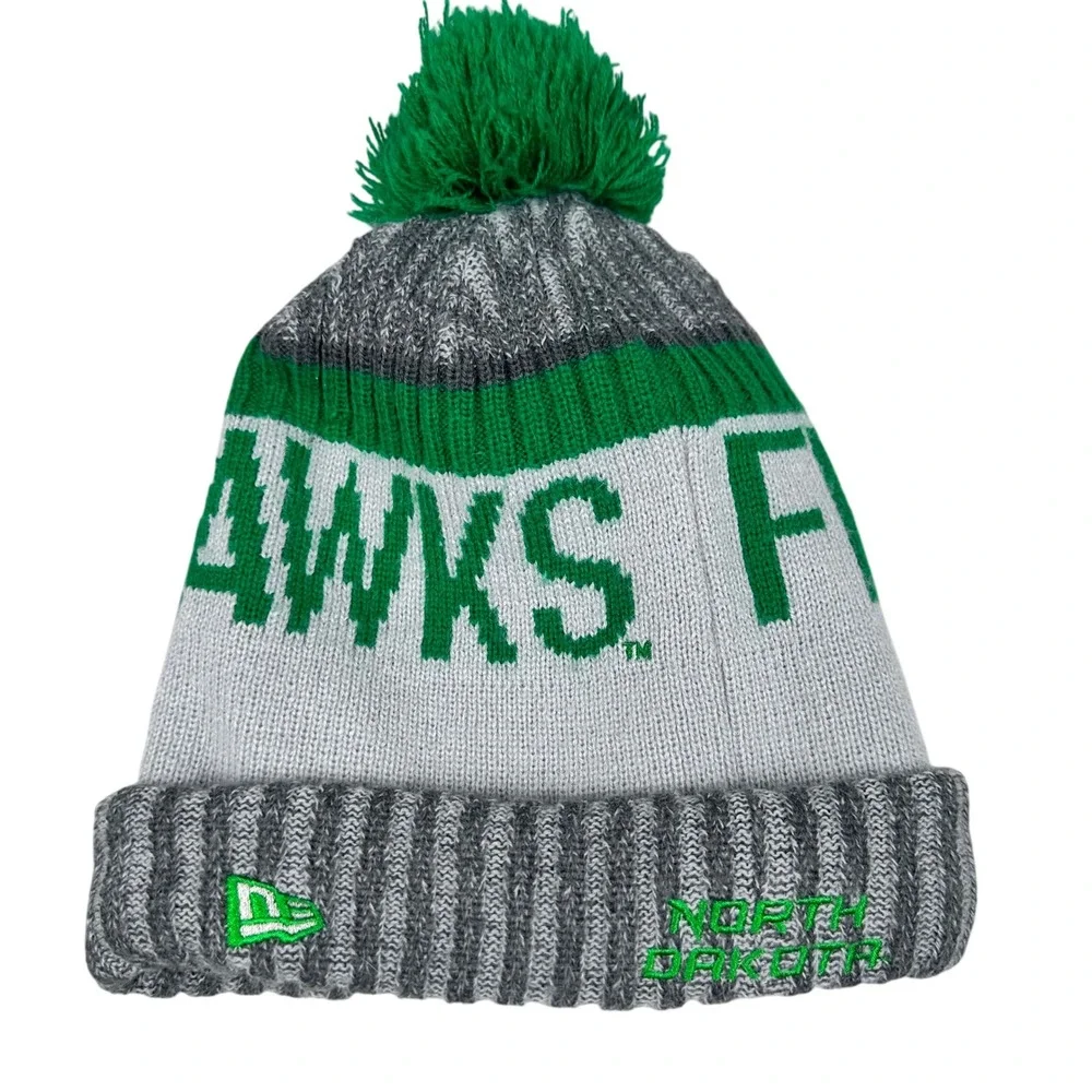 New Era North Dakota Fighting Hawks Beanie Pom Pom Knit Cap‎ Green Gray